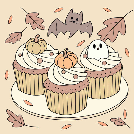 Close up of Halloween themed cupcakes decorated with fun toppers in autumn setting. AI generated. Vector iconのイラスト素材