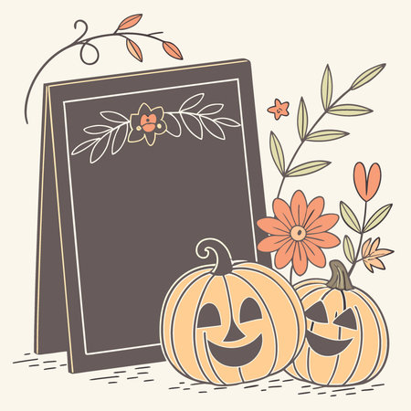 Black board with autumn holiday decoration. with pumpkins and flowers and copy space.. AI generated. Vector iconのイラスト素材