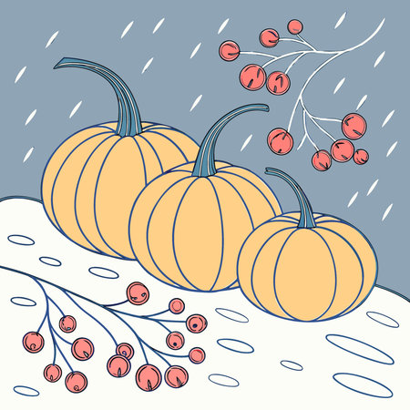 Three pumpkins and red berries adorn a blue backdrop. creating a seasonal and decorative. AI generated. Vector iconのイラスト素材