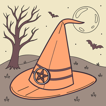 An orange witch's hat with a pentagram decoration celebrates the Halloween festival. AI generated. Vector iconのイラスト素材