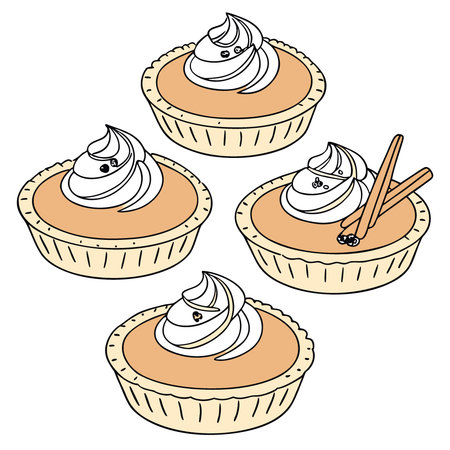 Pumpkin pies with cream and spices baked in a mini muffin tin with copyspace for text. AI generated. Vector iconのイラスト素材