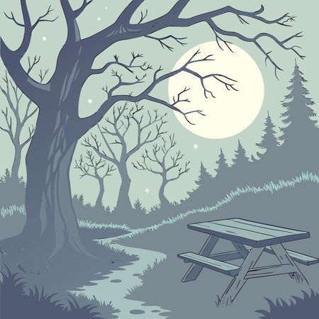 Halloween background. Spooky forest with full moon and wooden table. ai technology. AI generated. Vector iconのイラスト素材
