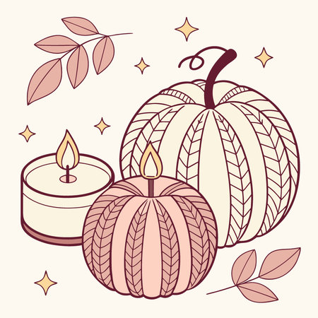Knitted pumpkins with candles flame. Home decor for autumn fall season. AI Generative. AI generated. Vector iconのイラスト素材