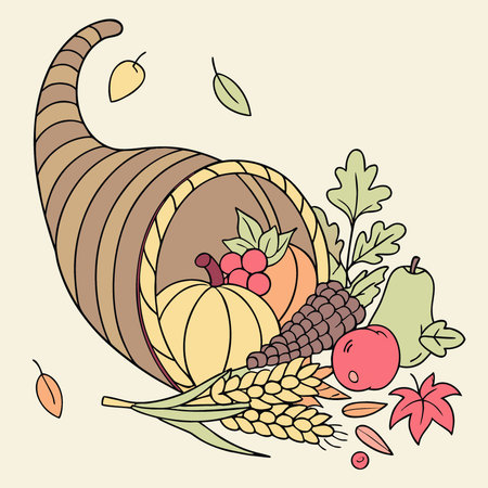 Cornucopia - Latin cornu or horn and copia or abundance. also called the horn of plenty for. AI generated. Vector iconのイラスト素材