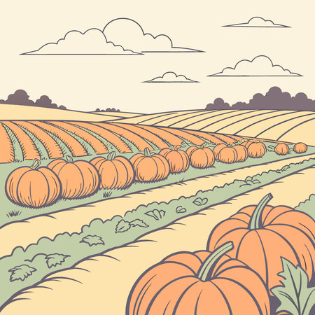 A vast pumpkin patch farm with rows of orange pumpkins stretching as far as the eye can see.. AI generated. Vector iconのイラスト素材