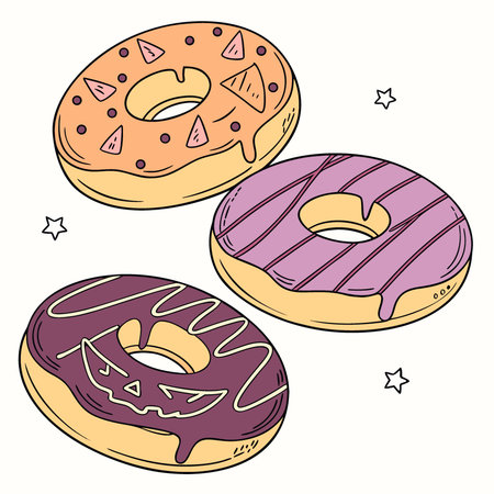Halloween donuts. delicous donut pattern with orange dark brown and purple glaze. decorated. AI generated. Vector iconのイラスト素材