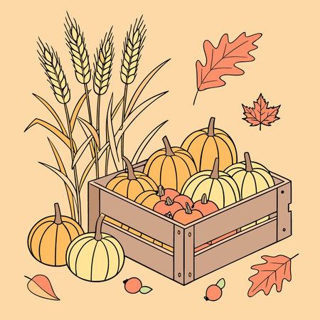 Autumn harvest display with pumpkins. wheat. and colorful fall leaves on orange background.. AI generated. Vector iconのイラスト素材