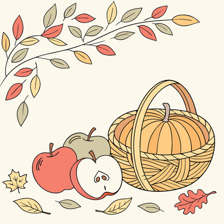 Thanksgiving background. Apples. pumpkins and fallen leaves. Copy space for text. Halloween.. AI generated. Vector iconのイラスト素材