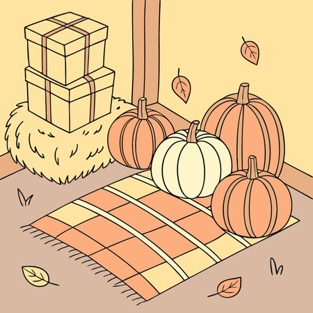 An autumn-themed backdrop with pumpkins. hay bales. and plaid blankets arranged on the floor. AI generated. Vector iconのイラスト素材
