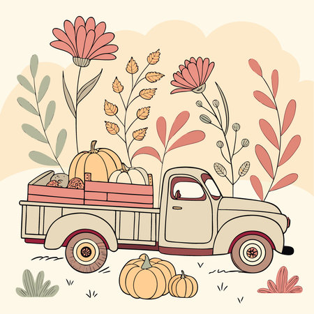 Autumn Harvest Fall Farm Truck Watercolor Isolated. Pumpkin Vegetables Bright Flowers Vintage. AI generated. Vector iconのイラスト素材