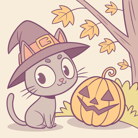 Cat in a witch hat with a scary jack-o-lantern pumpkin on blurred autumn background. Halloween. AI generated. Vector iconのイラスト素材