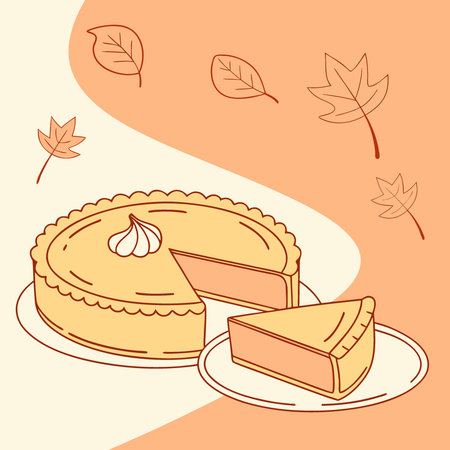 Autumn pumpkin pie with short crust pastry. Pumpkin flan against a background of autumn orange. AI generated. Vector iconのイラスト素材