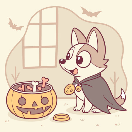 A cute dog dressed in a bat costume sitting next to a bowl of treats and a jack-o-lantern on a. AI generated. Vector iconのイラスト素材