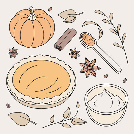Flat lay featuring ingredients for baking pumpkin pie on light gray background. Autumn holiday. AI generated. Vector iconのイラスト素材