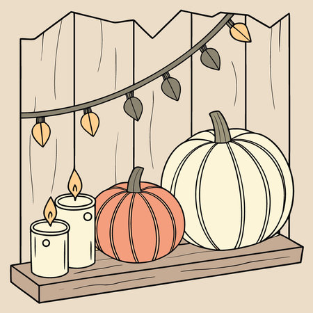 Charming rustic wooden backdrop featuring autumn pumpkins. string lights. and Halloween candles. AI generated. Vector iconのイラスト素材