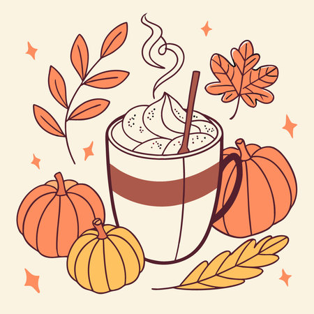 Comforting scene of a pumpkin spice latte surrounded by pumpkins and fall leaves. evoking the. AI generated. Vector iconのイラスト素材