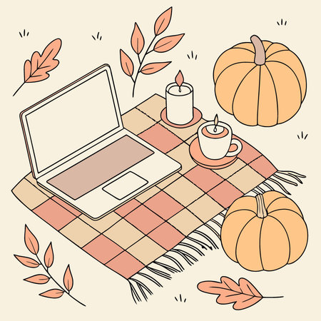 Cozy fall background with laptop with blank screen. knitted plaid. orange pumpkins and candles.. AI generated. Vector iconのイラスト素材