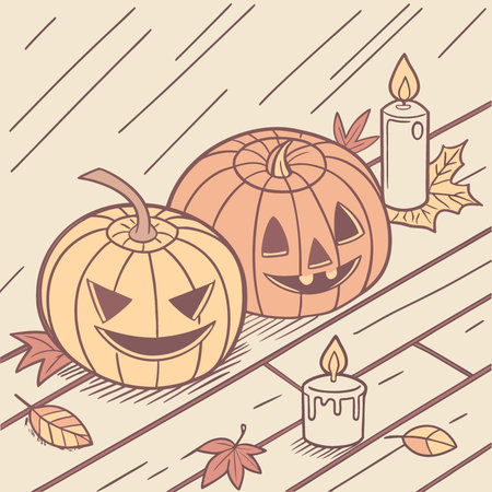 Rustic wooden background with fall and Halloween theme featuring pumpkins. lights. and candles. AI generated. Vector iconのイラスト素材