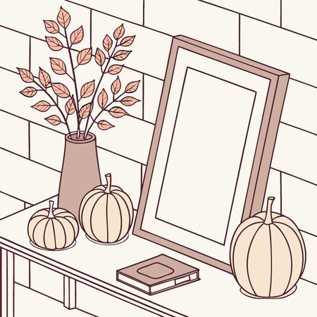 Blank vertical frame for wall art mock up on the table with fall decor with pumpkins and vase.. AI generated. Vector iconのイラスト素材
