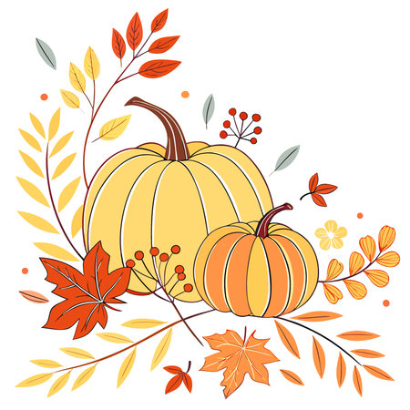 Festive autumn decor of pumpkins. flowers and leaves on a white background. Autumn composition.. AI generated. Vector iconのイラスト素材