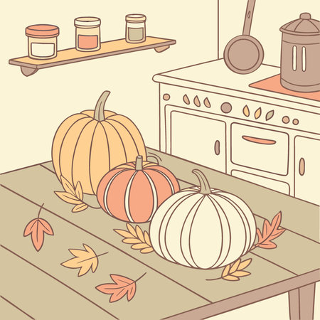 Autumnal kitchen scene with pumpkins on wooden table. Decorated with dried flowers. fall leaves.. AI generated. Vector iconのイラスト素材
