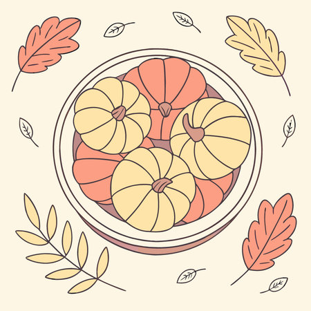 Top view of round plate with fall pumpkins. copy space for text. Creative fall menu. halloween. AI generated. Vector iconのイラスト素材