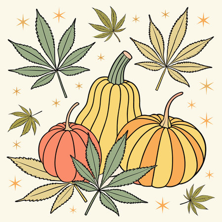 Capture the essence of autumn with this vibrant background featuring gourds and cannabis leaves.. AI generated. Vector iconのイラスト素材