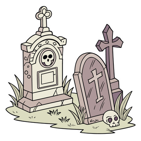 Cartoon set of old cemetery design elements isolated on white background. of gothic stone tombs.. AI generated. Vector iconのイラスト素材
