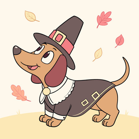 Dachshund in Pilgrim Costume with Hat. Thanksgiving pet outfit. festive dog attire. cute holiday. AI generated. Vector iconのイラスト素材
