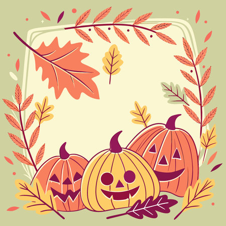Frame with pumpkins and autumn leaves on a green background. Design template for autumn cards.. AI generated. Vector iconのイラスト素材