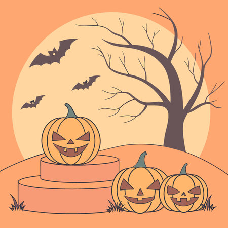 3d layout Halloween scene with product podium on orange background. Pumpkins stage with display. AI generated. Vector iconのイラスト素材