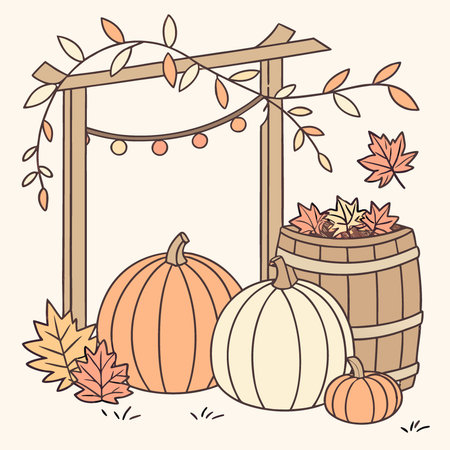 Charming rustic wooden autumn backdrop with pumpkins. gourds. and twinkling lights for weddings. AI generated. Vector iconのイラスト素材