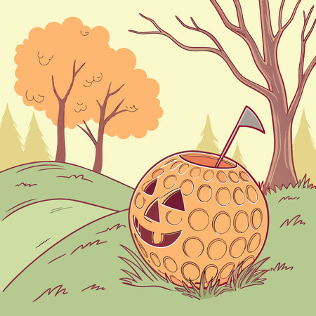 A vibrant orange golf ball designed as a pumpkin is positioned on lush green grass. Autumn trees. AI generated. Vector iconのイラスト素材