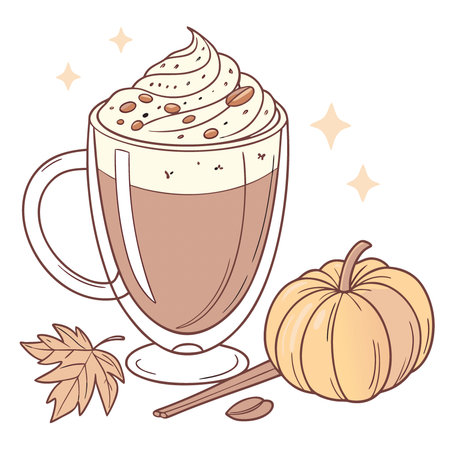 Autumn coffee latte in a transparent glass cup with cinnamon and pumpkins on a white background.. AI generated. Vector iconのイラスト素材