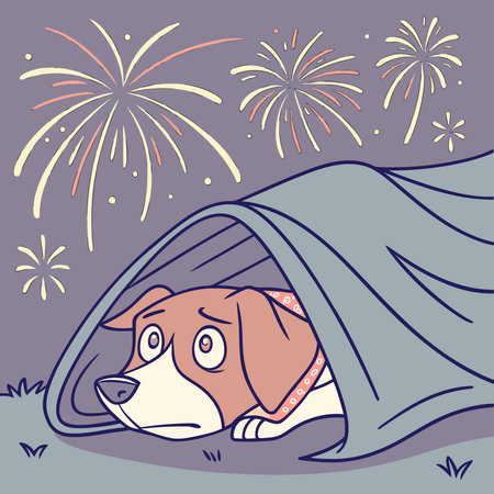 Frightened dog hiding under a blanket scared of fireworks with fireworks exploding in background. AI generated. Vector iconのイラスト素材