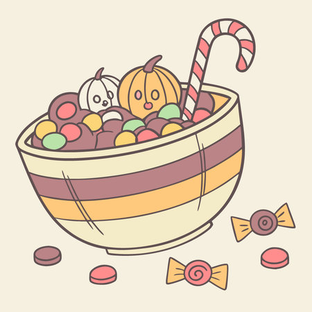 A bowl overflowing with colorful Halloween candy. symbolizing the treats aspect of the 'trick or. AI generated. Vector iconのイラスト素材
