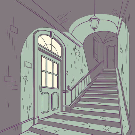 Dimly lit old abandoned hallway. eerie atmosphere. shadows on walls. Staircase. ominous door.. AI generated. Vector iconのイラスト素材