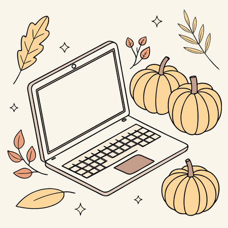 Laptop computer mock up white empty blank screen template Happy Halloween pumpkins decorations. AI generated. Vector iconのイラスト素材