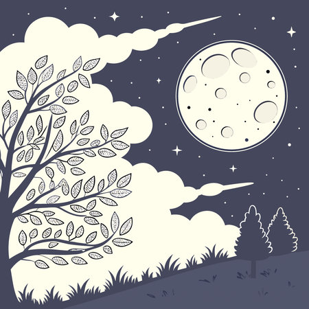 Amazing scenery of white glowing moon with craters in black sky with clouds at night. AI generated. Vector iconのイラスト素材