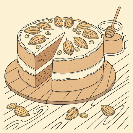 Delicious pumpkin cake with creamy filling walnuts and honey syrup on wooden table in rustic. AI generated. Vector iconのイラスト素材