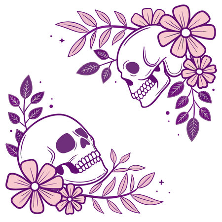 Halloween gothic skulls and flowers floral flat lay frame. purple pink . background. copyspace.. AI generated. Vector iconのイラスト素材