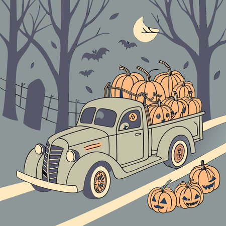 Halloween theme. a vintage pickup truck adorned with a lot of pumpkins and autumn decorations.. AI generated. Vector iconのイラスト素材