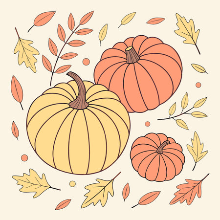 Autumn composition for Halloween or Thanksgiving day. Top view to pumpkins. fall leaves and. AI generated. Vector iconのイラスト素材