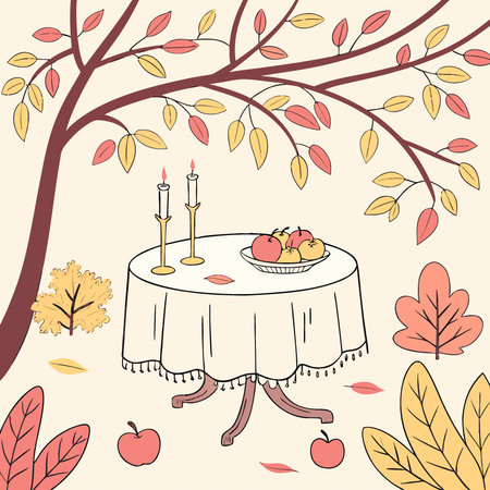 Beautiful autumn table setting with white tablecloth and candles decorated with fresh apples.. AI generated. Vector iconのイラスト素材