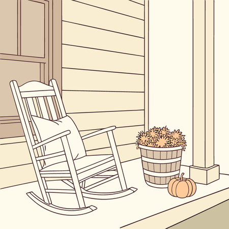 White rocking chair with pillow. pumpkins. and fall decor planter on porch against beige exterior. AI generated. Vector iconのイラスト素材