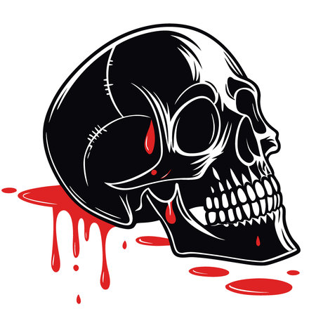 Black glossy skull with realistic teeth and dripping red paint against white background. creating. AI generated. Vector iconのイラスト素材