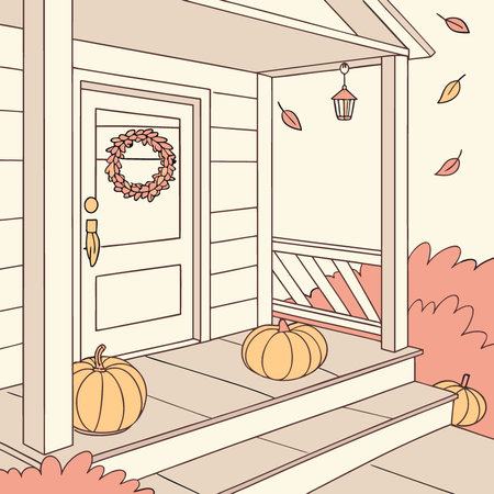 A porch with a white door and a wreath on it. The porch is decorated with pumpkins and other fall. AI generated. Vector iconのイラスト素材