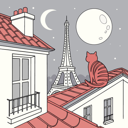 Red striped cat sits on the roof of a house in Paris and looks at the moon. a beautiful view from. AI generated. Vector iconのイラスト素材