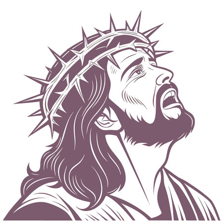 Divine Sacrifice. A powerful portrayal of Jesus Christ in pain with the crown of thorns. a symbol. AI generated. Vector iconのイラスト素材