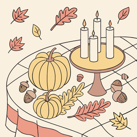 A table topped with candles and autumn decorations. Autumn. Thanksgiving decor. Copy-space. place. AI generated. Vector iconのイラスト素材